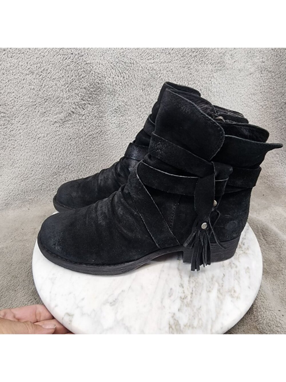 Born Shoes Womens Size 6.5 M Eton Black Suede Tassel Strap Ankle Boots *Read*